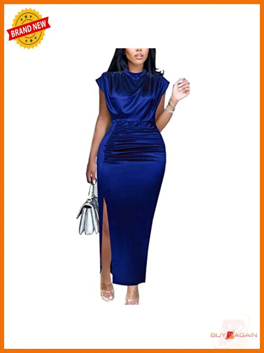 Women's Satin Mock Neck High Slit Maxi Formal Dress Sleeveless